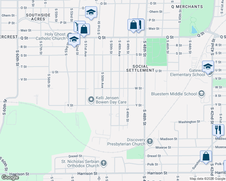 map of restaurants, bars, coffee shops, grocery stores, and more near 5901 South 50th Street in Omaha