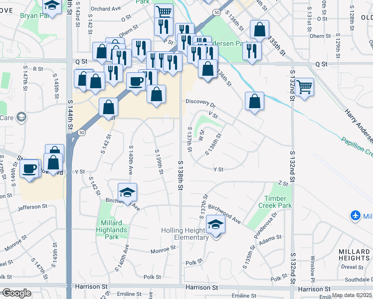map of restaurants, bars, coffee shops, grocery stores, and more near 5916 South 137th Street in Omaha