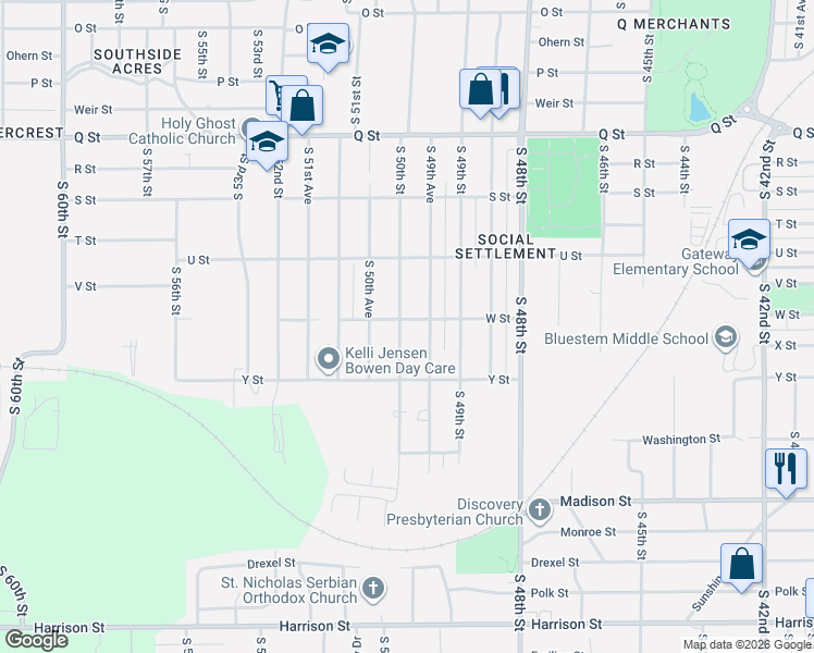 map of restaurants, bars, coffee shops, grocery stores, and more near 5901 South 50th Street in Omaha