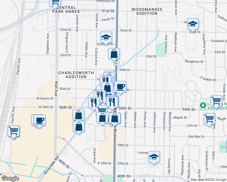 map of restaurants, bars, coffee shops, grocery stores, and more near 3532 Riverdale Road in Ogden