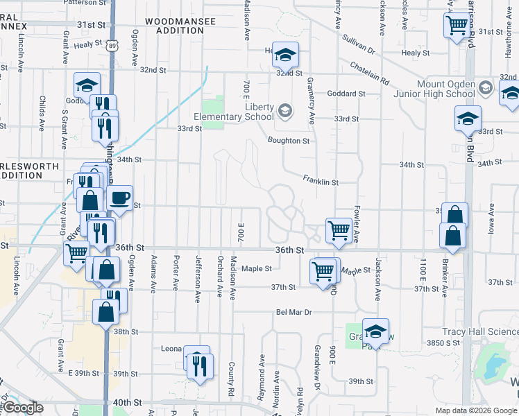 map of restaurants, bars, coffee shops, grocery stores, and more near 576 35th Street in Ogden