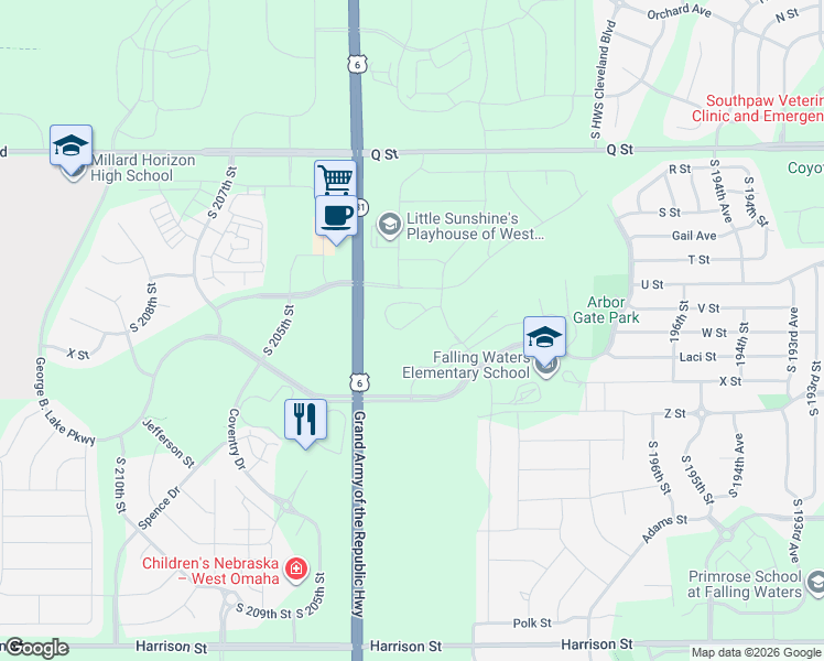 map of restaurants, bars, coffee shops, grocery stores, and more near 5913-6043 South 204th Street in Omaha