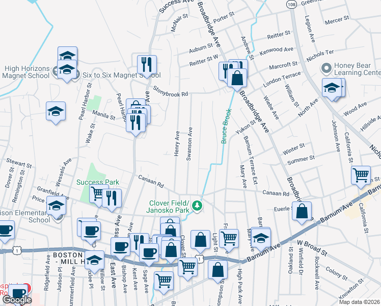 map of restaurants, bars, coffee shops, grocery stores, and more near 130 Swanson Avenue in Stratford
