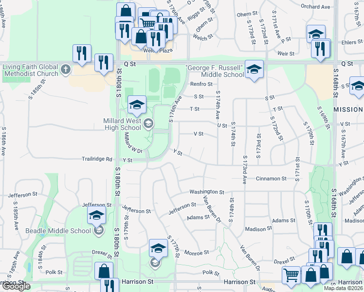 map of restaurants, bars, coffee shops, grocery stores, and more near 17551 Y Street in Omaha