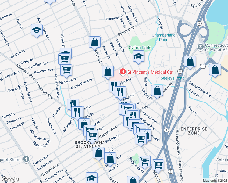 map of restaurants, bars, coffee shops, grocery stores, and more near 46 Marion Street in Bridgeport