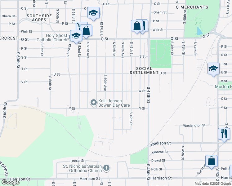 map of restaurants, bars, coffee shops, grocery stores, and more near 5901 South 50th Street in Omaha