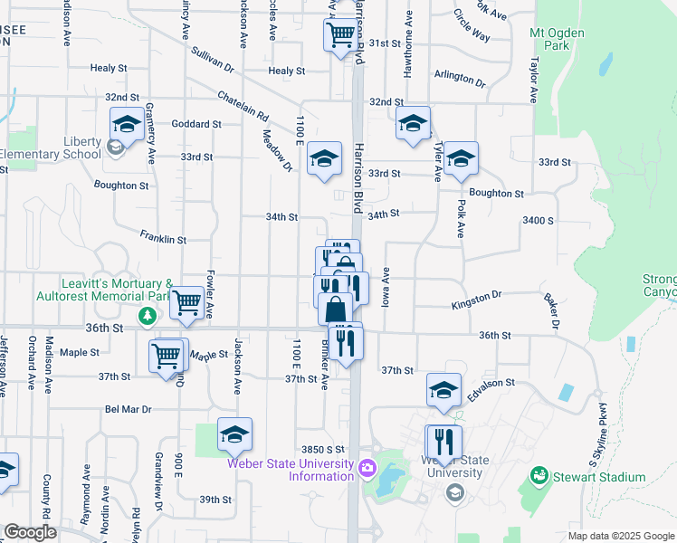 map of restaurants, bars, coffee shops, grocery stores, and more near 3511 Harrison Boulevard in Ogden