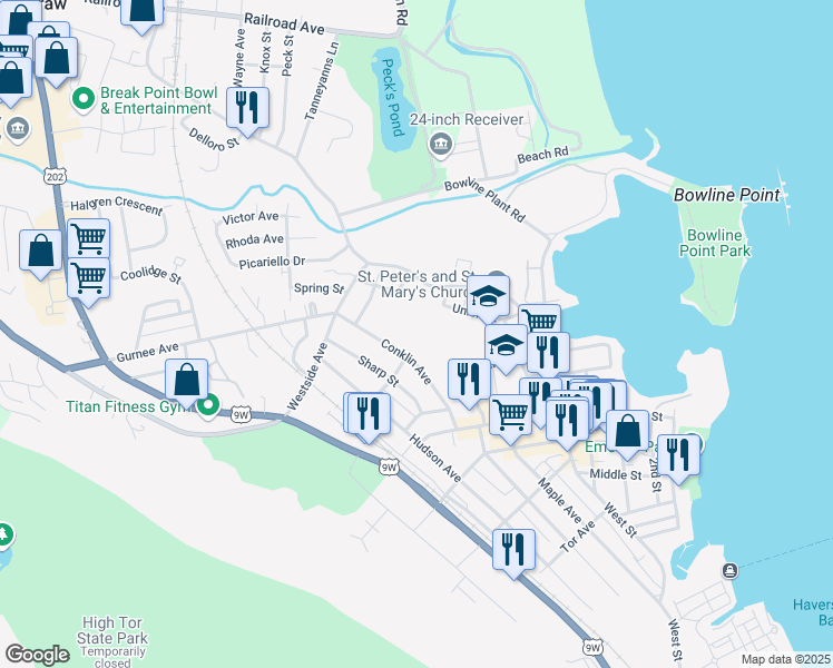 map of restaurants, bars, coffee shops, grocery stores, and more near 20 George Street in Haverstraw