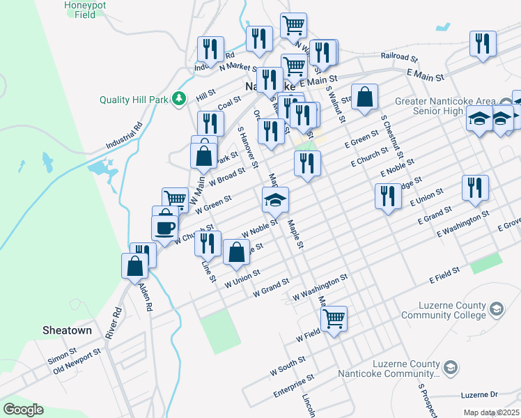 map of restaurants, bars, coffee shops, grocery stores, and more near 113 West Church Street in Nanticoke