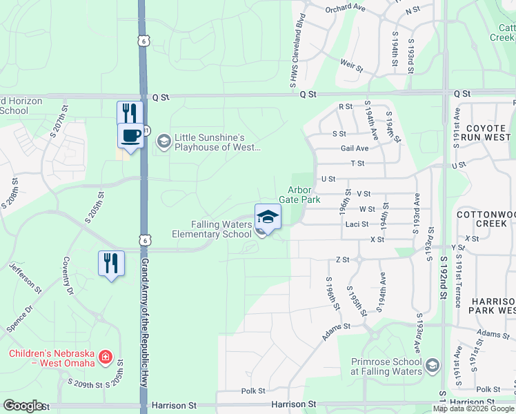 map of restaurants, bars, coffee shops, grocery stores, and more near 5863 South Hws Cleveland Boulevard in Omaha