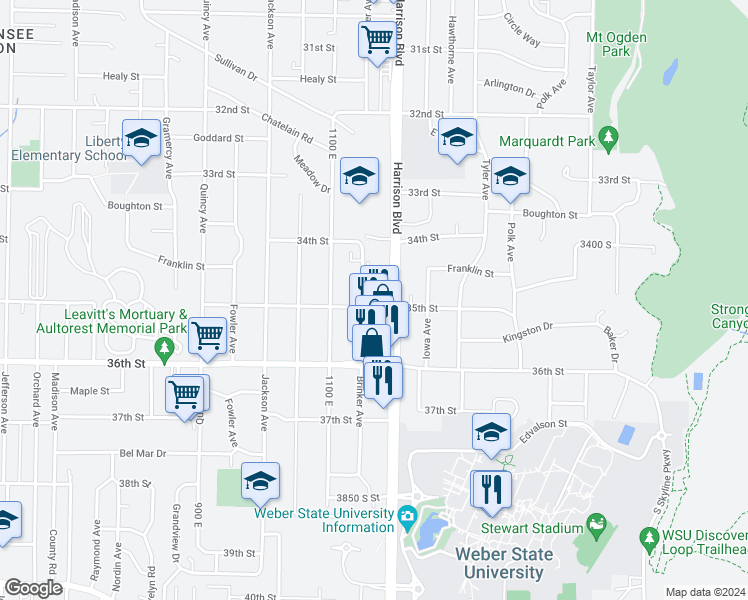 map of restaurants, bars, coffee shops, grocery stores, and more near 3511 Harrison Boulevard in Ogden