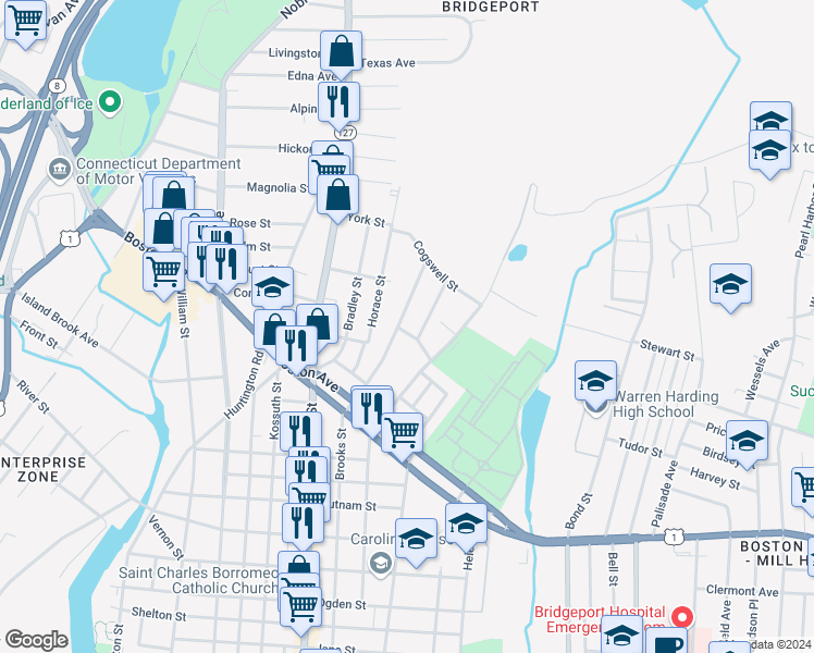 map of restaurants, bars, coffee shops, grocery stores, and more near 40 Rockland Street in Bridgeport