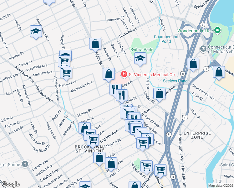 map of restaurants, bars, coffee shops, grocery stores, and more near 2660 Main Street in Bridgeport