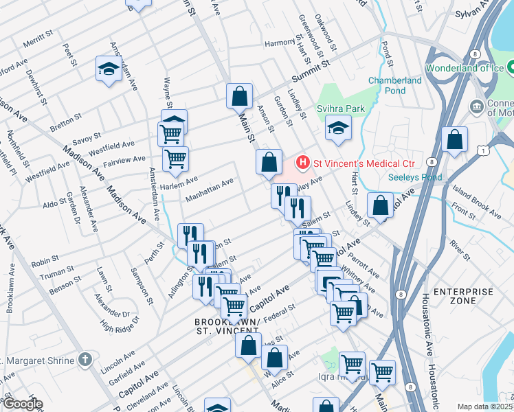 map of restaurants, bars, coffee shops, grocery stores, and more near 419 Hawley Avenue in Bridgeport