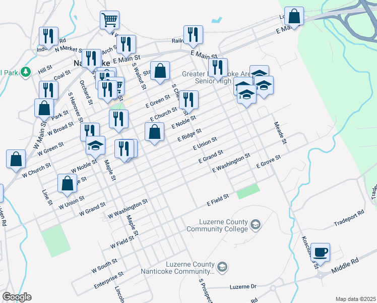 map of restaurants, bars, coffee shops, grocery stores, and more near 254 East Grand Street in Nanticoke