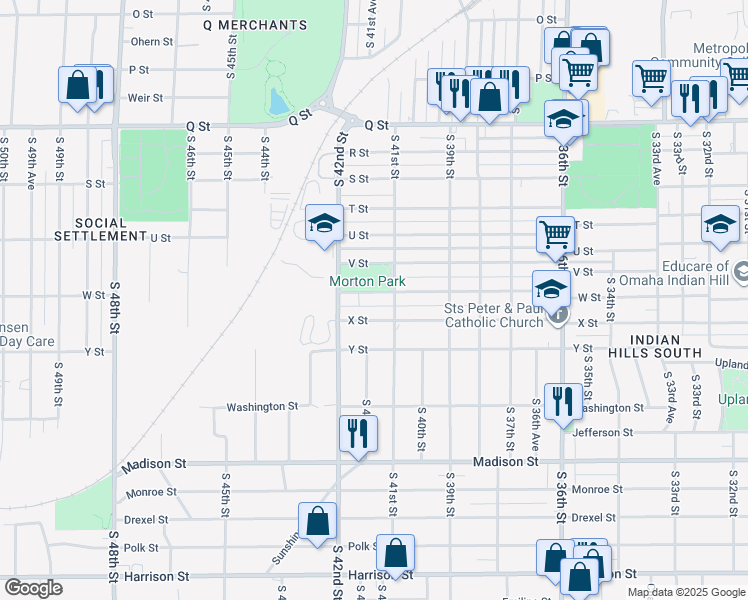 map of restaurants, bars, coffee shops, grocery stores, and more near 4131 X Street in Omaha