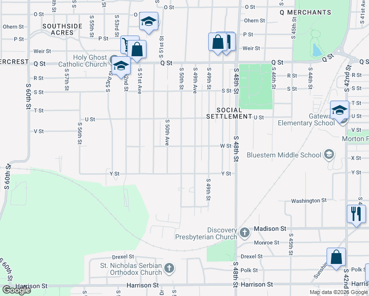 map of restaurants, bars, coffee shops, grocery stores, and more near 5901 South 50th Street in Omaha