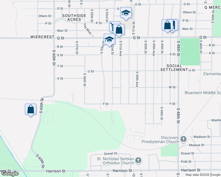 map of restaurants, bars, coffee shops, grocery stores, and more near 5833 South 53rd Street in Omaha