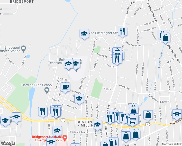 map of restaurants, bars, coffee shops, grocery stores, and more near 264 Pearl Harbor Street in Bridgeport