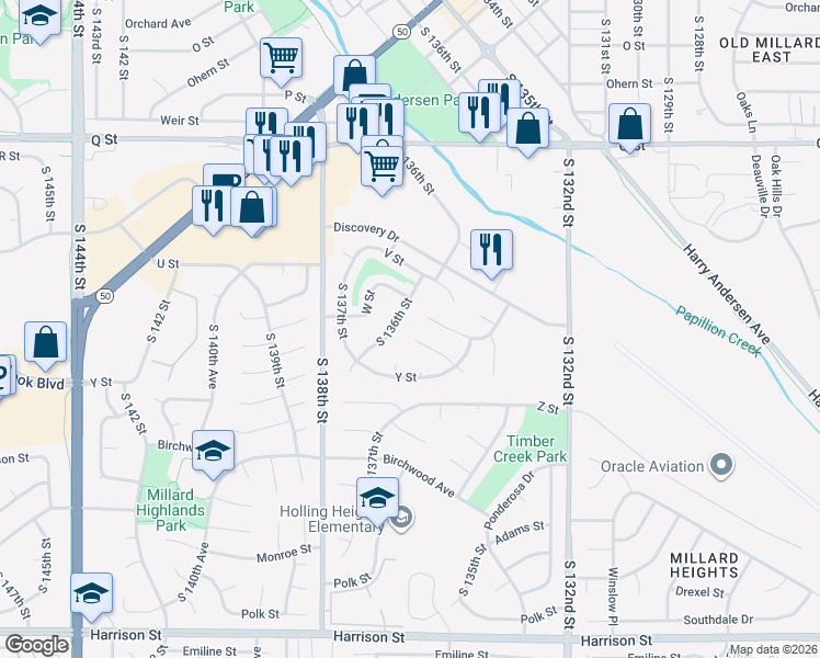 map of restaurants, bars, coffee shops, grocery stores, and more near 5927 South 136th Circle in Omaha