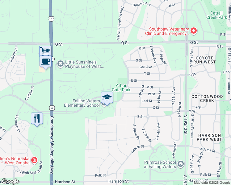 map of restaurants, bars, coffee shops, grocery stores, and more near 5859 South HWS Cleveland Boulevard in Omaha