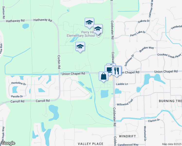 map of restaurants, bars, coffee shops, grocery stores, and more near 425 Union Chapel Road in Fort Wayne