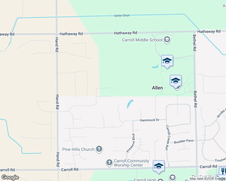 map of restaurants, bars, coffee shops, grocery stores, and more near 4521 Hathaway Road in Fort Wayne