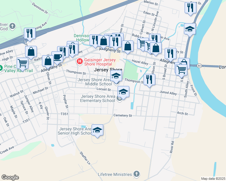 map of restaurants, bars, coffee shops, grocery stores, and more near 601 Locust Street in Jersey Shore