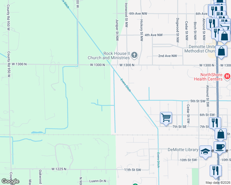 map of restaurants, bars, coffee shops, grocery stores, and more near 8871 County Road 1300 North in De Motte