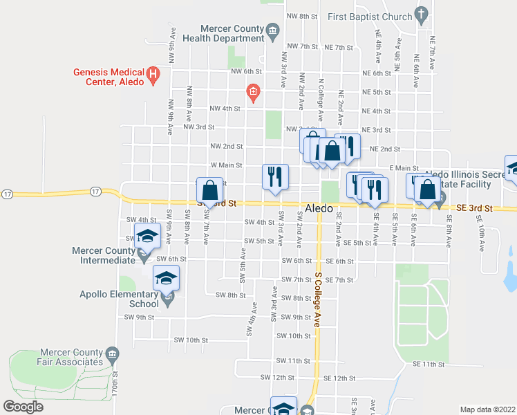 map of restaurants, bars, coffee shops, grocery stores, and more near 402 Southwest 3rd Street in Aledo