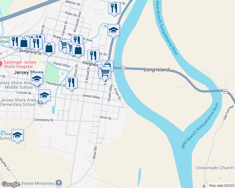 map of restaurants, bars, coffee shops, grocery stores, and more near Front Street in Jersey Shore