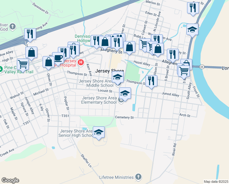 map of restaurants, bars, coffee shops, grocery stores, and more near 601 Locust Street in Jersey Shore