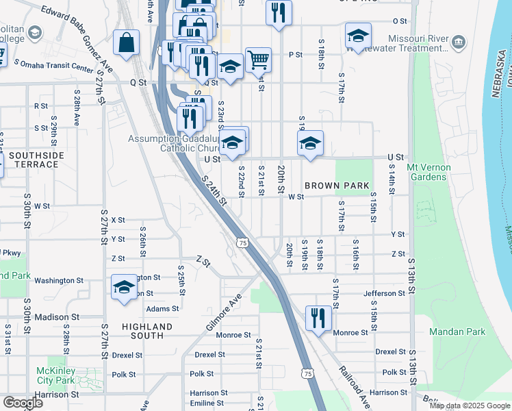 map of restaurants, bars, coffee shops, grocery stores, and more near 5641 South 21st Street in Omaha