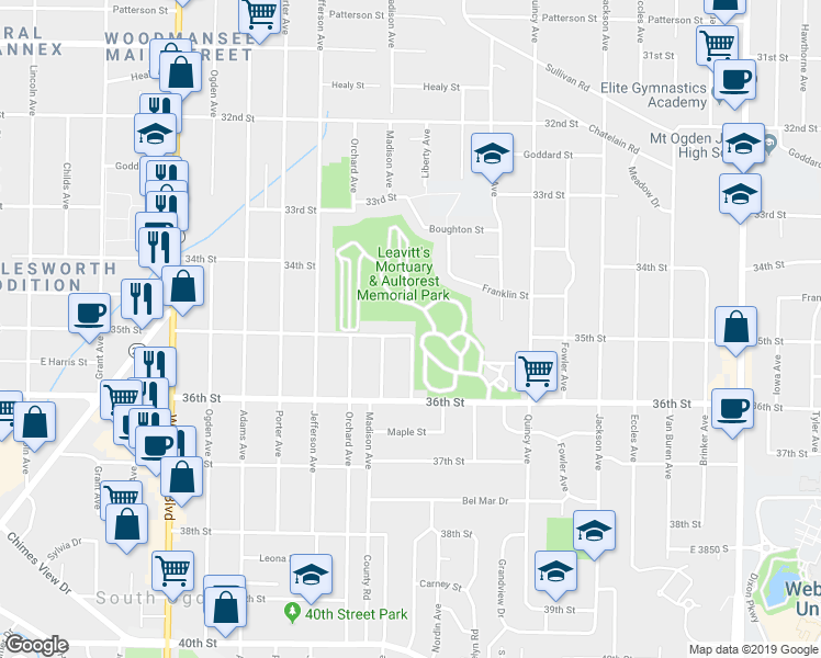 map of restaurants, bars, coffee shops, grocery stores, and more near 738 35th Street in Ogden