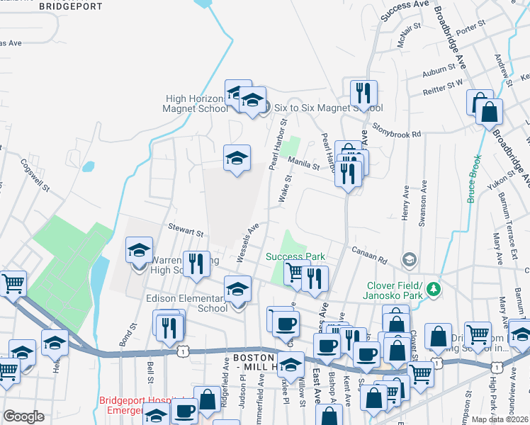 map of restaurants, bars, coffee shops, grocery stores, and more near 324 Pearl Harbor Street in Bridgeport