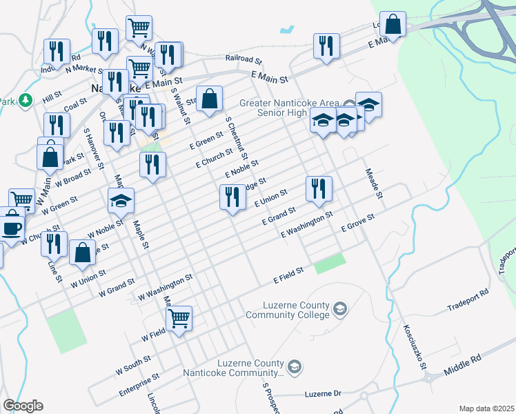 map of restaurants, bars, coffee shops, grocery stores, and more near 292 East Union Street in Nanticoke