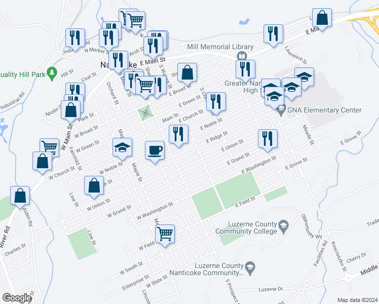 map of restaurants, bars, coffee shops, grocery stores, and more near 516 South Walnut Street in Nanticoke