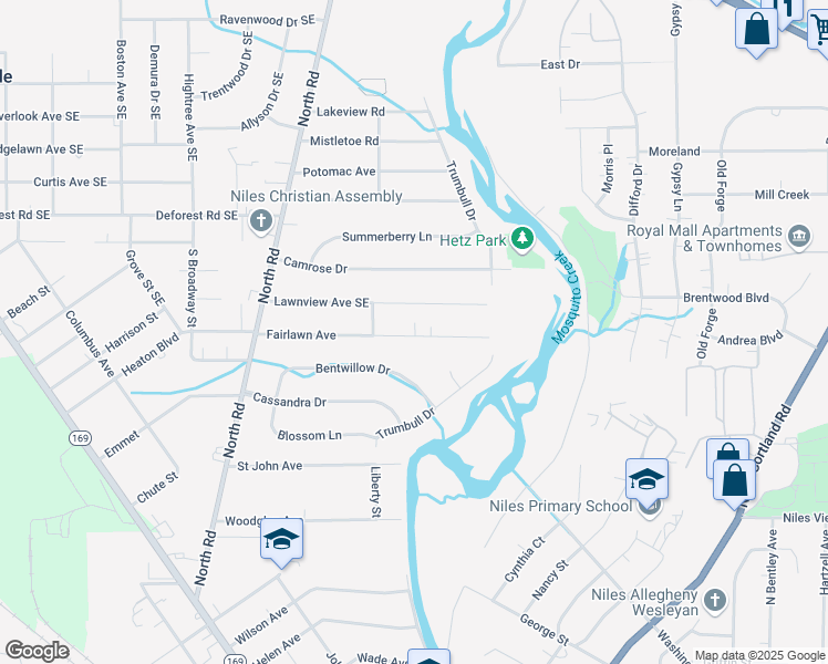 map of restaurants, bars, coffee shops, grocery stores, and more near 142 Lawnview Avenue Southeast in Niles