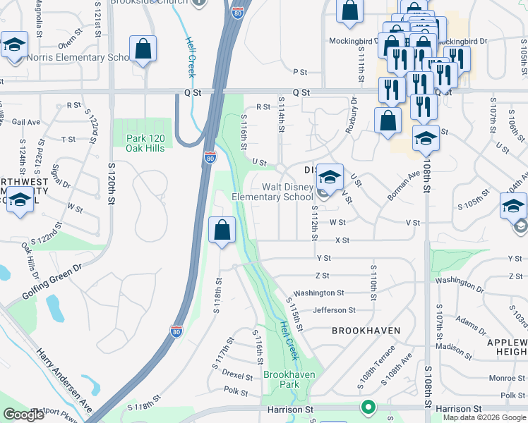 map of restaurants, bars, coffee shops, grocery stores, and more near 11421 Nancy Circle in Omaha