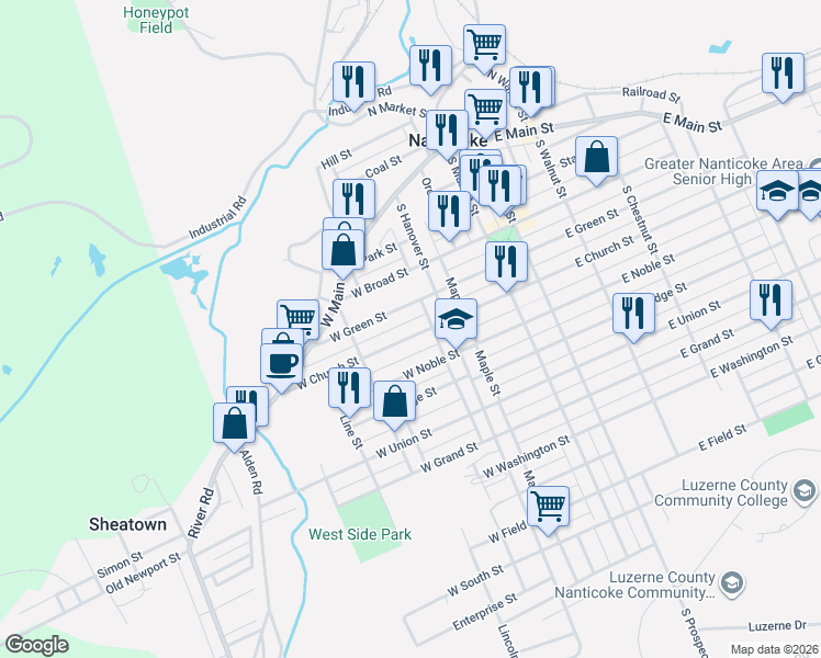 map of restaurants, bars, coffee shops, grocery stores, and more near 125 W Green St in Nanticoke
