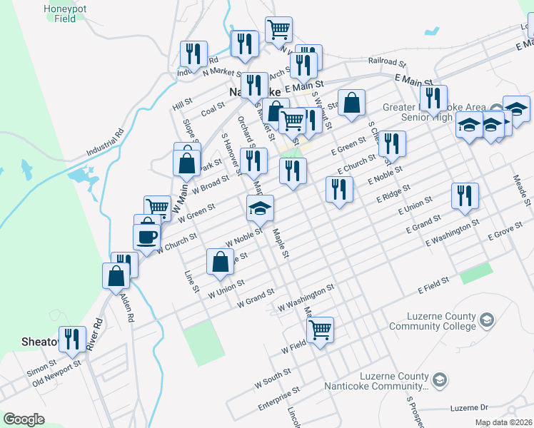map of restaurants, bars, coffee shops, grocery stores, and more near 18 W Church St in Nanticoke