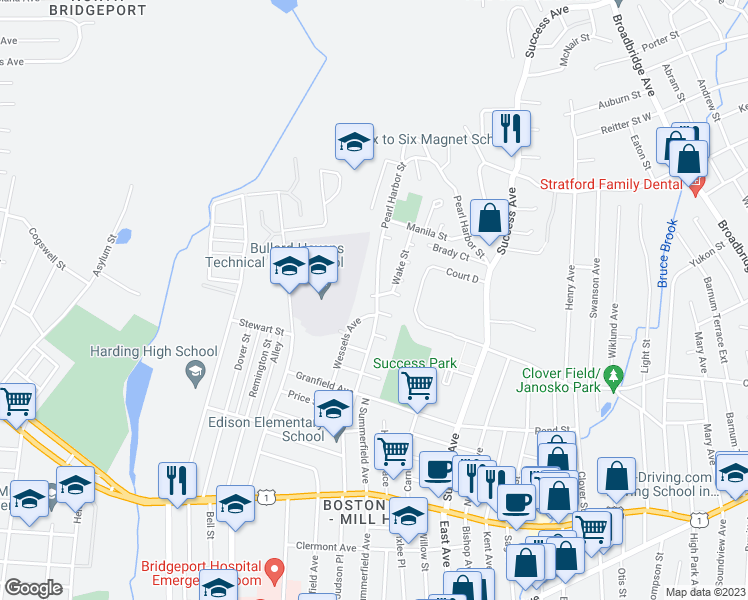 map of restaurants, bars, coffee shops, grocery stores, and more near 277 Pearl Harbor Street in Bridgeport