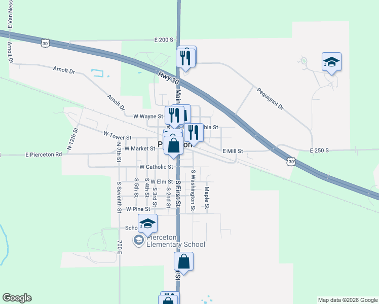 map of restaurants, bars, coffee shops, grocery stores, and more near 206 E Keith St in Pierceton