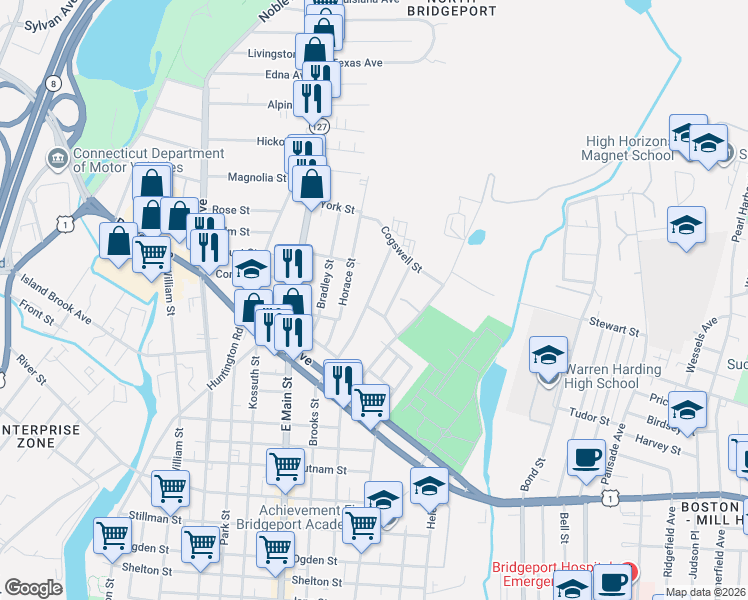 map of restaurants, bars, coffee shops, grocery stores, and more near 262 Goddard Avenue in Bridgeport