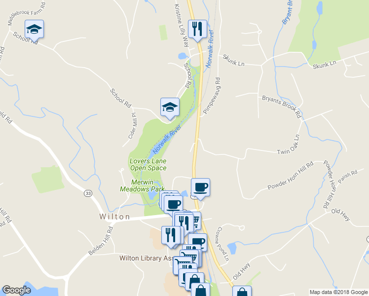 map of restaurants, bars, coffee shops, grocery stores, and more near 49 Old Danbury Road in Wilton