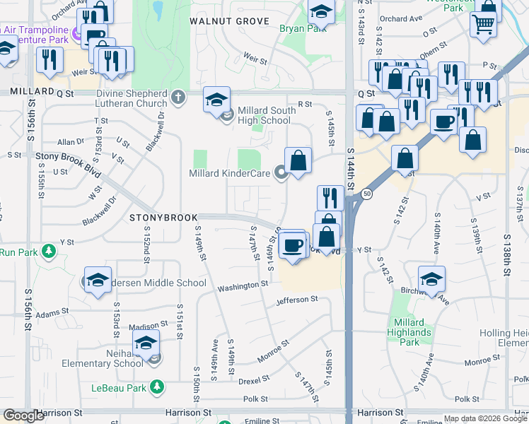 map of restaurants, bars, coffee shops, grocery stores, and more near 14735 West Plaza in Omaha