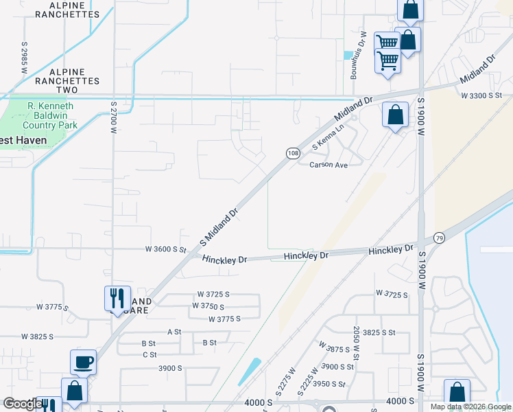 map of restaurants, bars, coffee shops, grocery stores, and more near 3560 Midland Drive in Roy