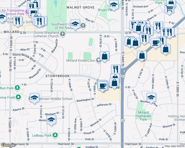 map of restaurants, bars, coffee shops, grocery stores, and more near 14735 West Plaza in Omaha