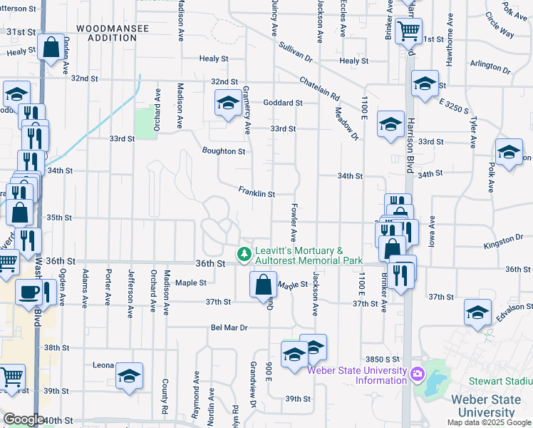 map of restaurants, bars, coffee shops, grocery stores, and more near 3457 Quincy Avenue in Ogden