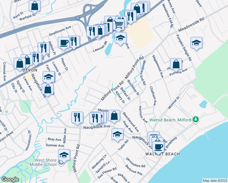 map of restaurants, bars, coffee shops, grocery stores, and more near 804 Milford Point Road in Milford
